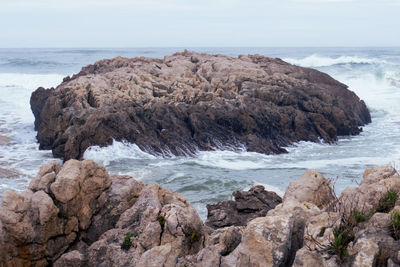 Rocks on shore by sea against sky