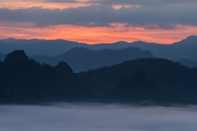 Scenic view of silhouette mountains against sky during sunset