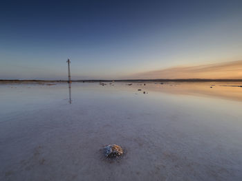 Sunset on the pink lagoon of the salt flats of torrevieja, spain