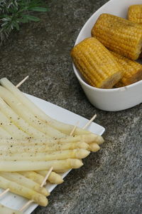 High angle view of bread in bowl on table