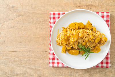 High angle view of food in plate on table