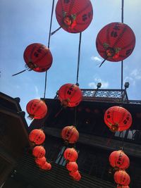 Low angle view of lanterns hanging in traditional building