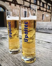 Close-up of beer glass on table