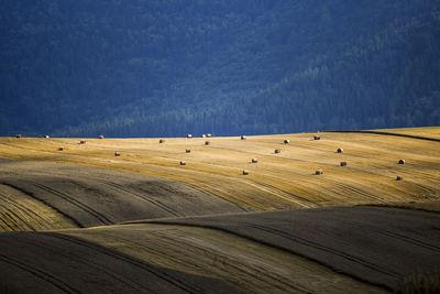 High angle view of hay bales on field against sky