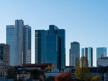 Modern buildings against clear blue sky