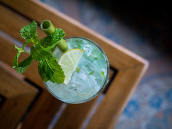 High angle view of drink on table