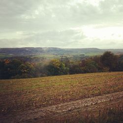 Scenic view of field against cloudy sky