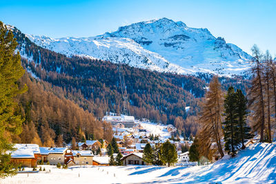 The village of surlej, in engadine, grisons, switzerland, in winter, and the corvatsch cable car. 