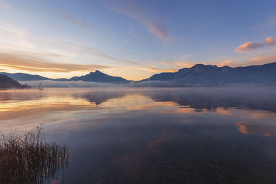 Scenic view of lake against sky during sunset