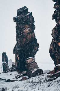 Rock formation on snow covered land against clear sky