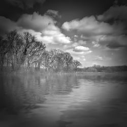 Scenic view of lake against cloudy sky