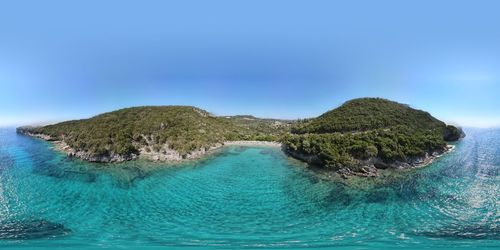 Panoramic view of sea against clear blue sky