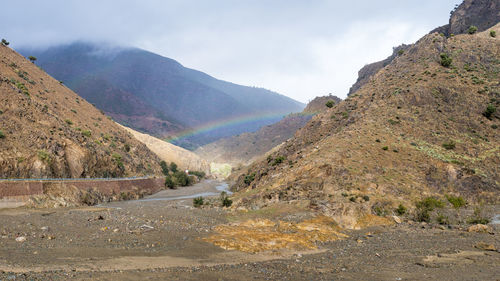 Rainbow in a gorge, tizi n'tichka pass in the atlas mountains, morocco