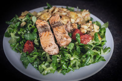 High angle view of salad in plate on table