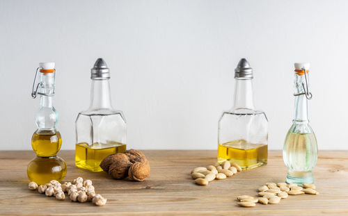 Close-up of wine bottles on table