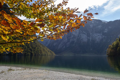 Scenic view of lake against mountain during autumn