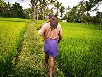 Rear view of farmer with work tool walking on field