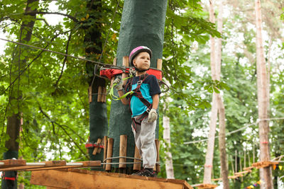 Low angle view of boy holding rope against trees
