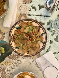 High angle view of food served on table
