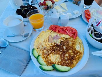 High angle view of breakfast served on table