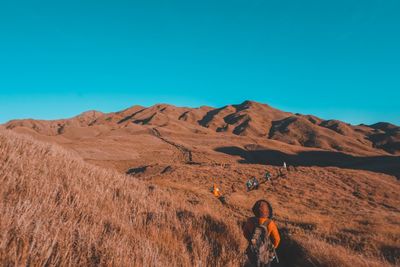 Rear view of man on mountain against clear blue sky