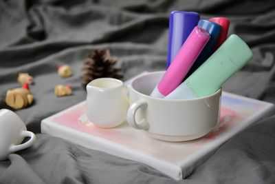 High angle view of coffee cup on table