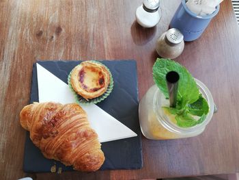 High angle view of breakfast served on table