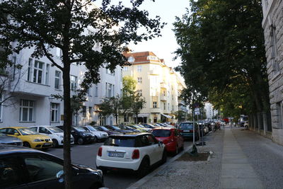 Cars on road by buildings in city