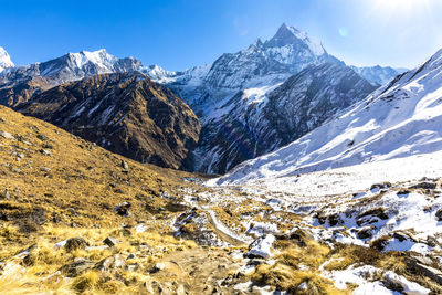 Scenic view of snowcapped mountains against sky