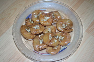 High angle view of food in plate on table