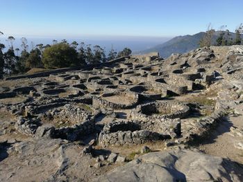 High angle view of people on landscape against clear sky