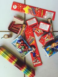 High angle view of various toys on table