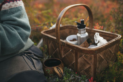 Food and drink in basket