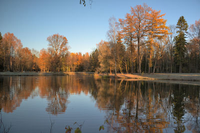 Scenic view of lake by trees against sky