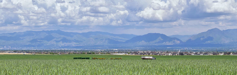 Vintage farm truck and harvest machinery with rocky mountains, great salt lake valley utah. usa.