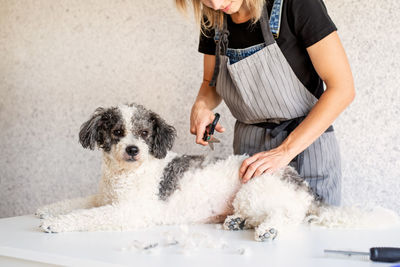 Full length of woman with dog standing at home