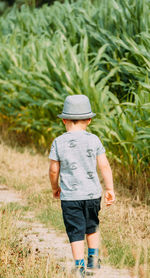 Rear view of boy walking on field