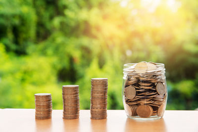 Stack of coins on table