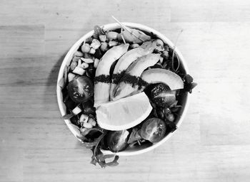 Directly above shot of fruits salad in bowl on table