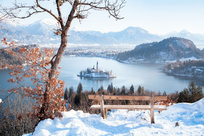 Scenic view of snowcapped mountains and lake against sky