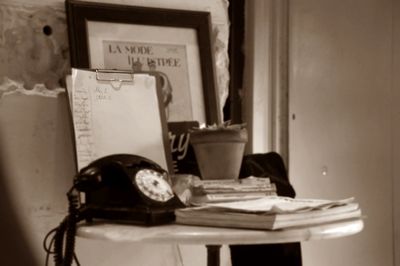 Close-up of telephone on table