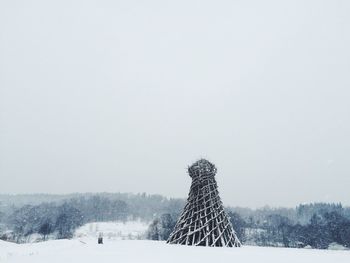 Snow covered field against clear sky