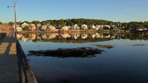 Scenic view of river by town against sky