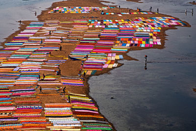 High angle view of people walking on street