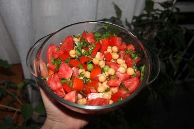High angle view of chopped fruits in bowl