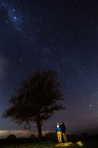 Rear view of people standing by tree against milky way at night