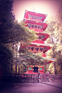 Red wall with trees in background