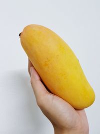 Close-up of hand holding apple against white background