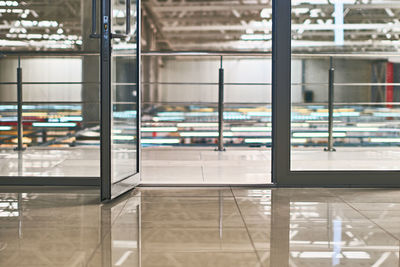 Reflection of building on glass window