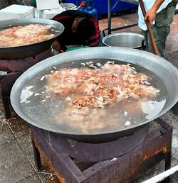 High angle view of meat in cooking pan